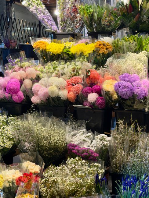 A vibrant display of fresh flowers arranged in black buckets and wrapped bouquets at a florist shop. The arrangement features a variety of blossoms including fluffy pink, white, yellow, purple, and re